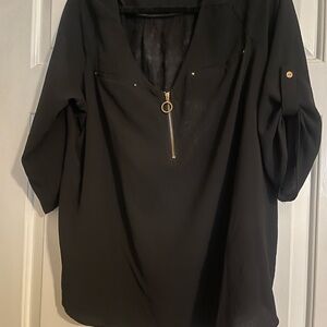 Tempted Hearts Black V-Neck Zip Front Blouse